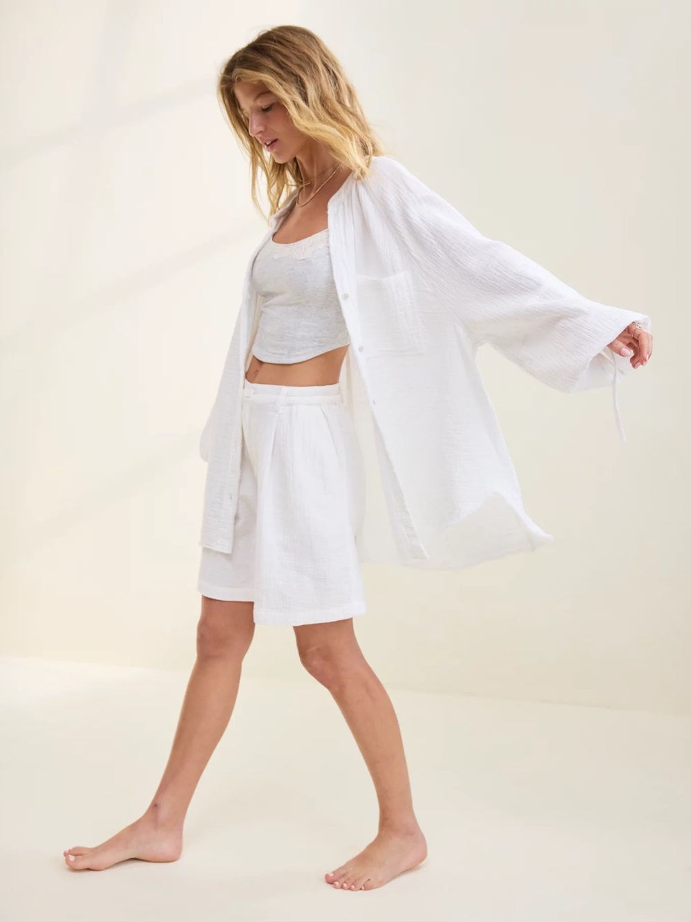 Aerie Daybreak Coverup Shirt Small Petite White Gauze Cotton Button Front Boho - Picture 1 of 16